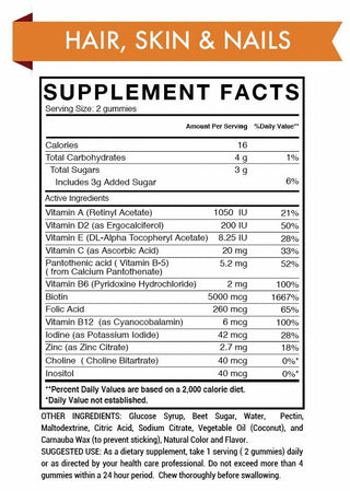 Hair, Skin & Nails Gummy Vitamin Supplement Facts panel