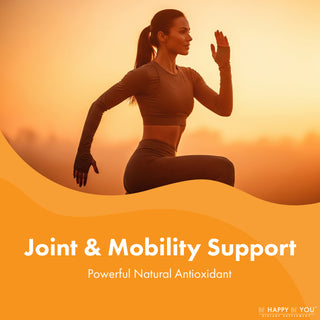 Woman in athletic pose with 'Joint & Mobility Support' text and 'Be Happy Be You' logo.
