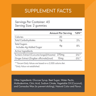 Supplement facts label for gummy vitamins with a white background and orange border.
