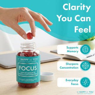 Bottle of 'Be Happy Be You' focus supplements with a hand picking up a supplement, set against a teal background.