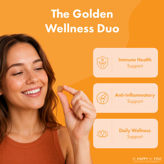 Woman holding a supplement with 'The Golden Wellness Duo' text and benefits on an orange background.